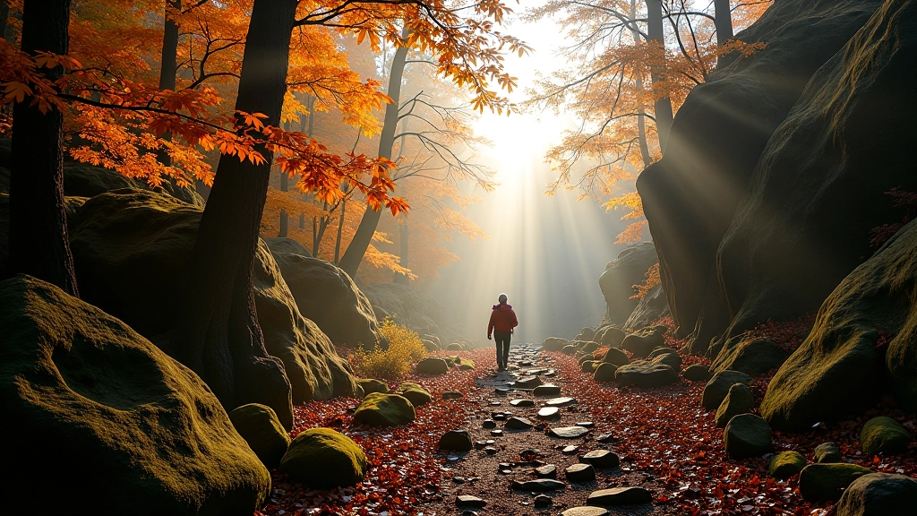 Autumn forest scene with golden and red leaves, misty morning light filtering through trees, rocky path, cool atmosphere