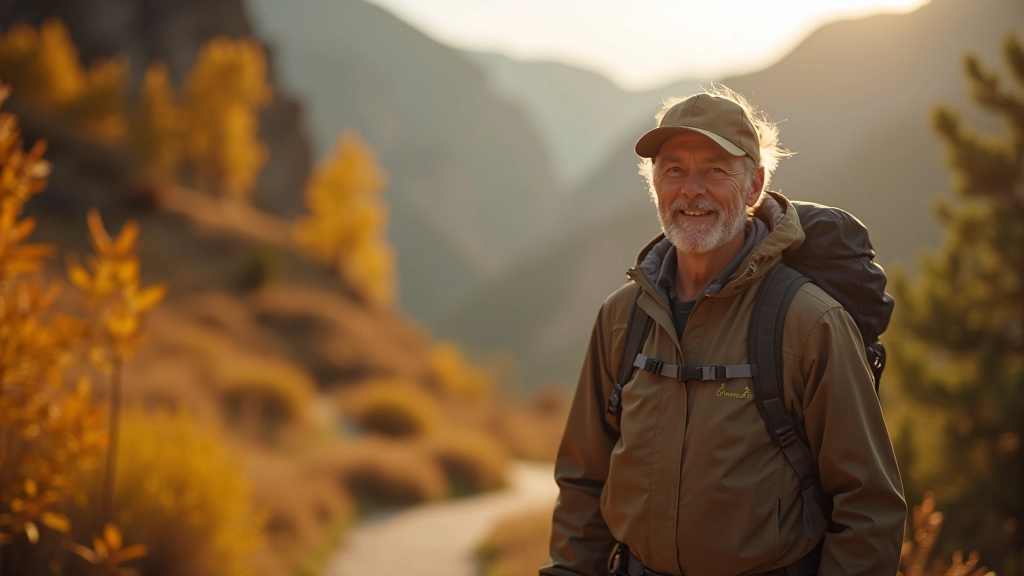 Václav Novotný working with senior hikers on a scenic Kokořínsko trail with autumn foliage and sandstone formations visible