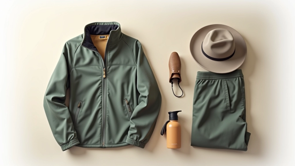 Hiking outfit laid flat including hat, lightweight jacket, water bottle, and hiking pants