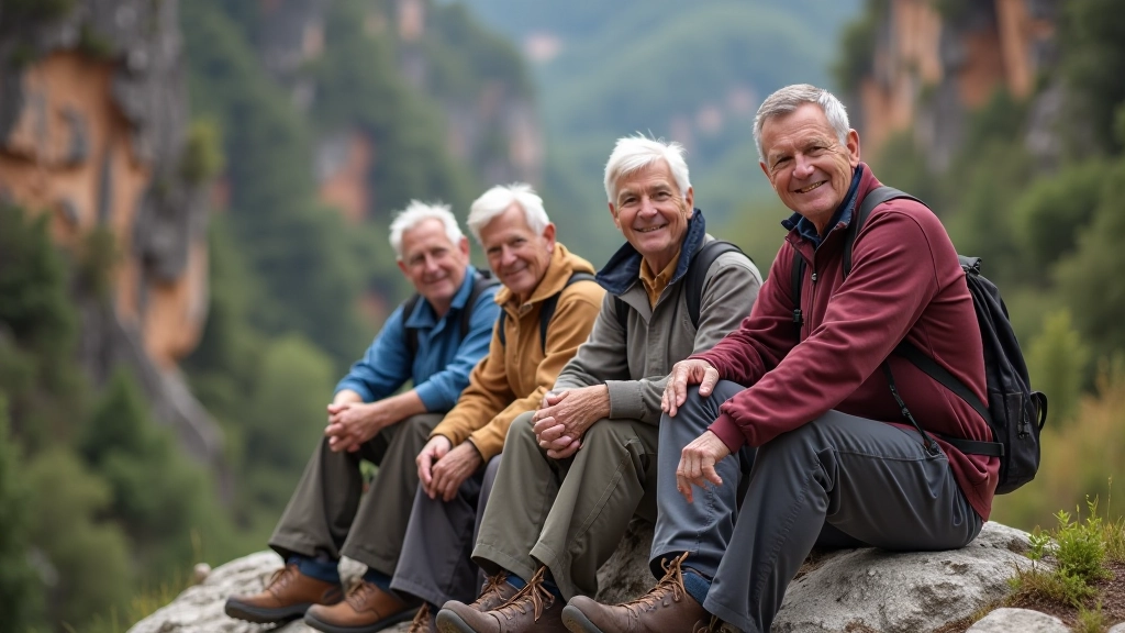 Group of seniors enjoying a scenic rest point along the Kokořínsko hiking trail with sandstone cliffs in the background