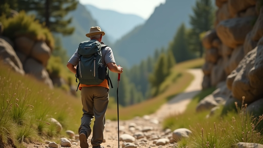 Hiker with backpack on rocky trail, wearing proper hiking gear, sunny day, clear path ahead, natural outdoor setting