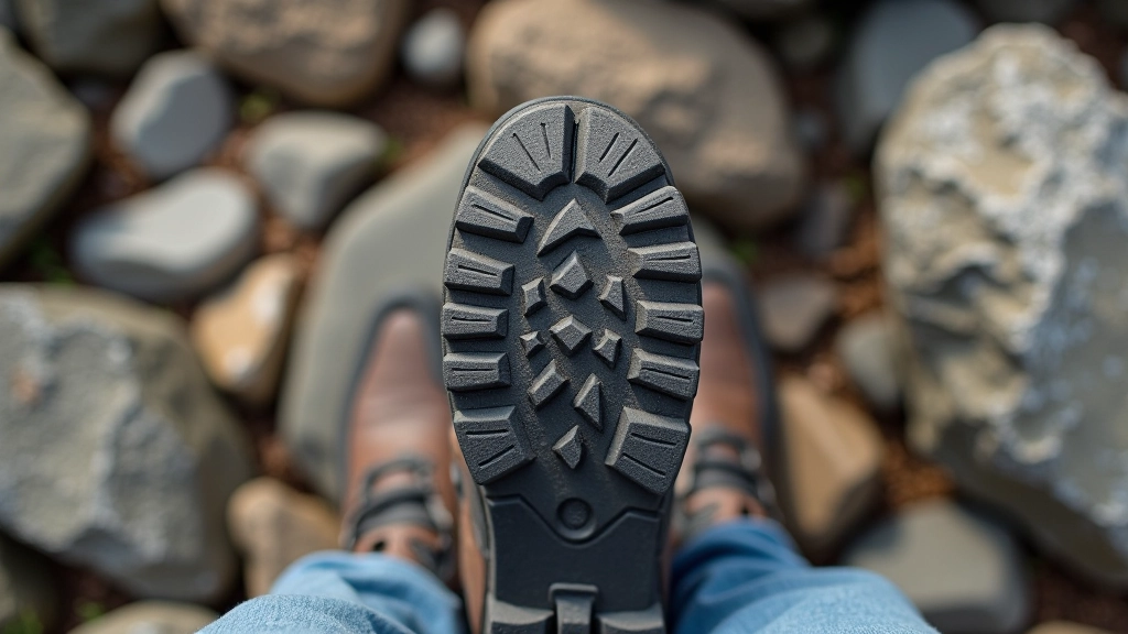 Close-up of hiking shoe sole on rocky ground showing tread pattern and grip
