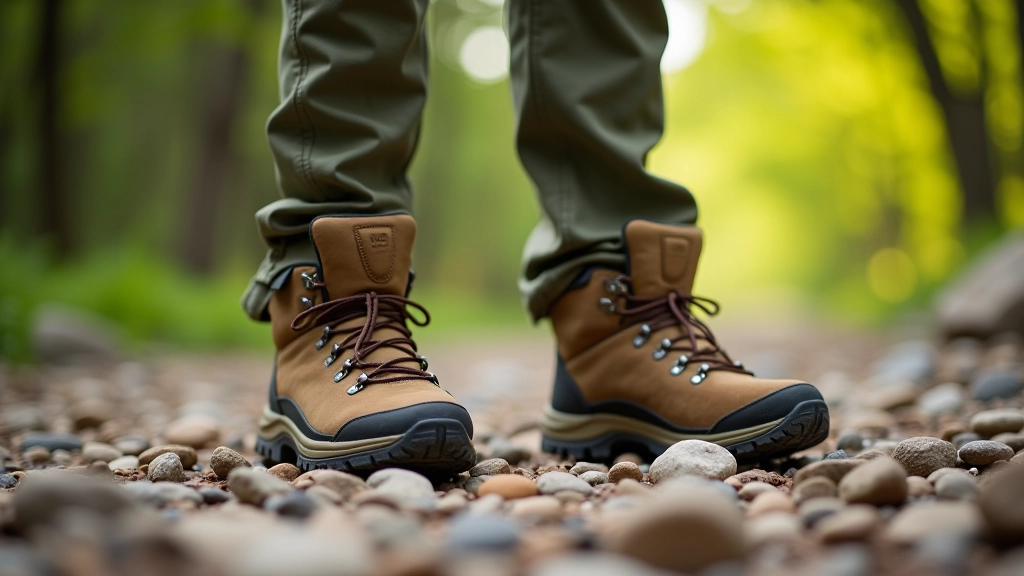 Close-up of hiking boots on rocky trail, good traction visible on sole, laces tied properly, scenic forest background slightly blurred