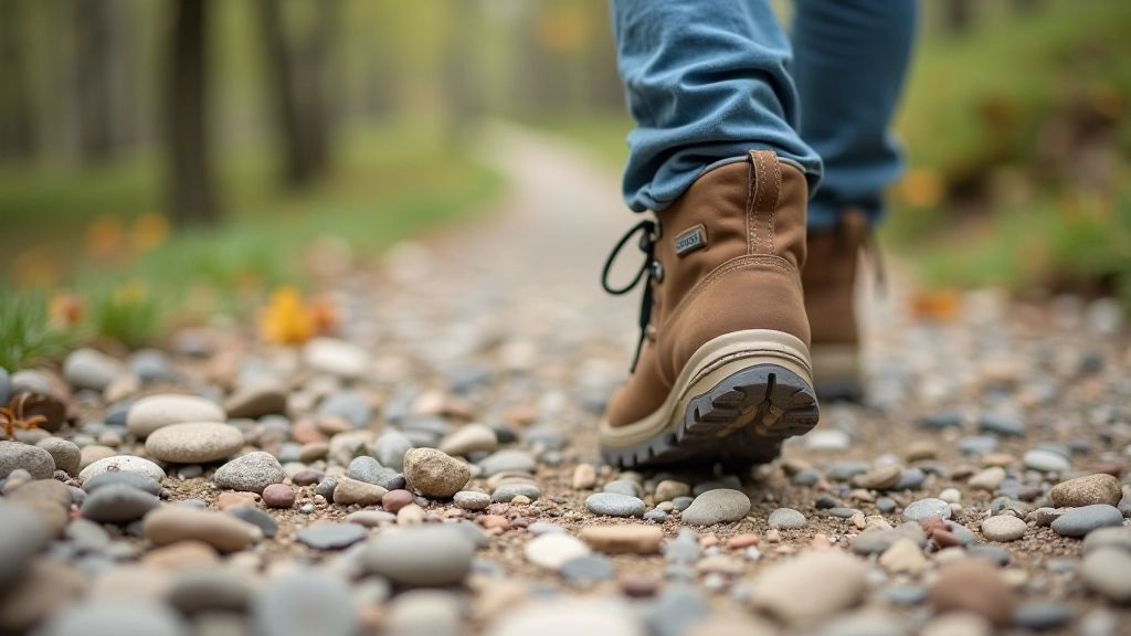 Close-up of hiking boots on rocky trail surface with clear path ahead through natural terrain