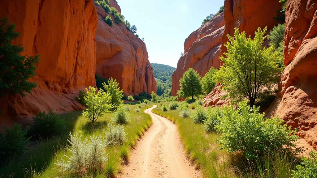 Scenic sandstone rock formations with lush green vegetation and hiking trail path winding through the gorge