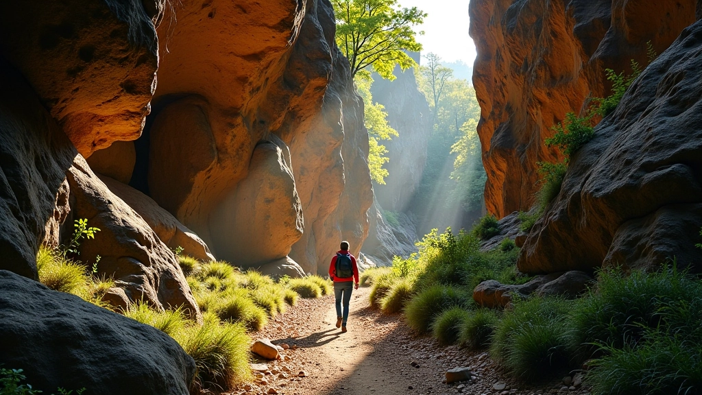 Striking view of towering golden sandstone cliff walls forming a narrow gorge with a hiking trail visible in the valley below