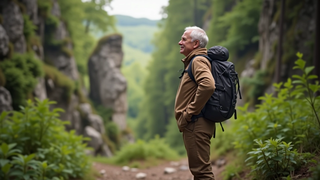 Hiker wearing comfortable backpack on forest trail with scenic gorge views behind