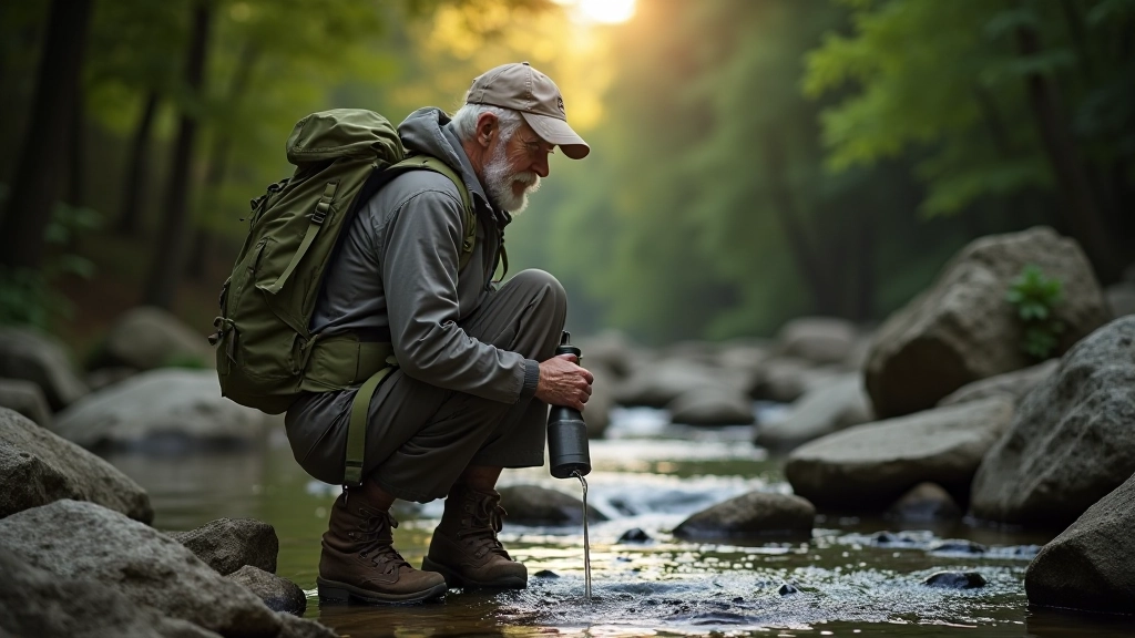 Hiker refilling water bottle from mountain spring with clear water, rocky terrain and forest in background, morning light