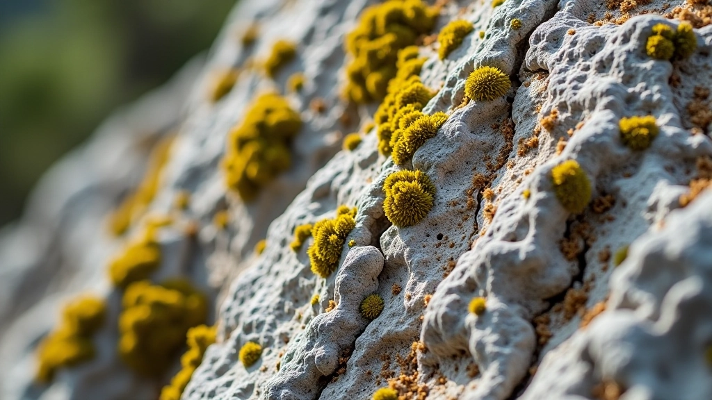 Close-up detail of colorful moss and lichen growing on weathered sandstone rock face with natural texture and patterns
