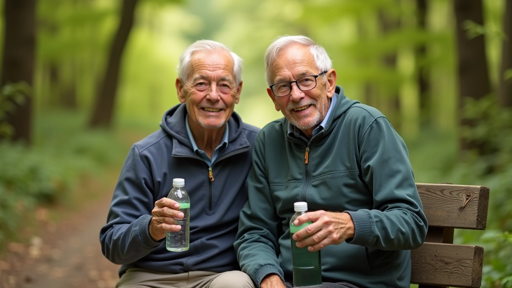 Senior couple resting on wooden bench along hiking trail, having snacks and water, peaceful forest setting