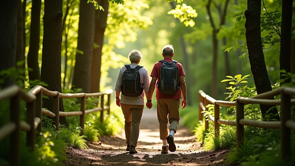Older couple walking together on forest trail with wooden handrails, peaceful woodland setting with dappled sunlight