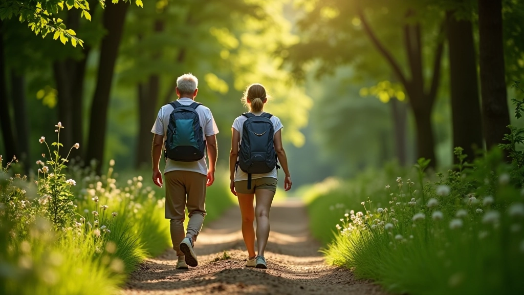 Two older adults walking together on a well-maintained hiking path surrounded by golden sandstone rock formations
