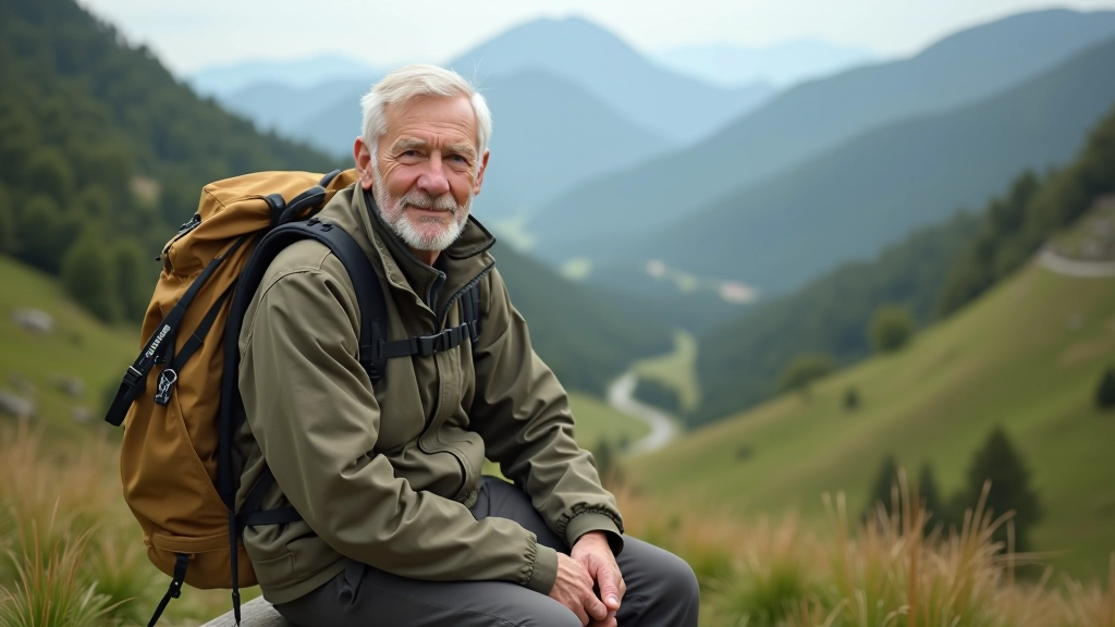 Hiker resting on a wooden bench with hiking poles, wearing practical hiking clothes, scenic valley view in distance