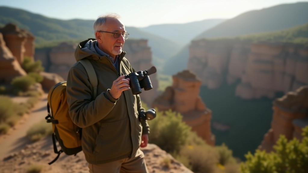 Senior hiker pausing on scenic overlook with binoculars, looking out over sandstone valleys, bright afternoon light