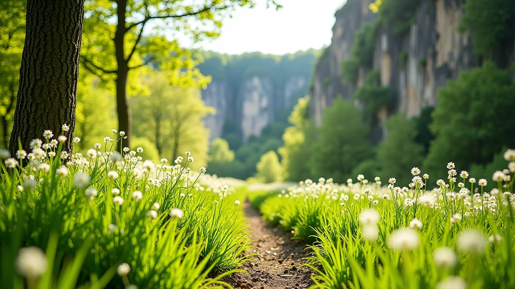 Spring flowers blooming on forest floor near sandstone gorge with fresh green vegetation and dappled sunlight