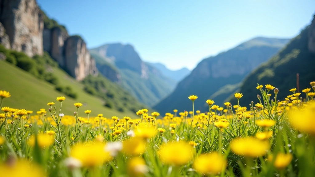 Mountain landscape in spring with blooming wildflowers, green grass, and rocky cliffs, bright sunshine, clear visibility