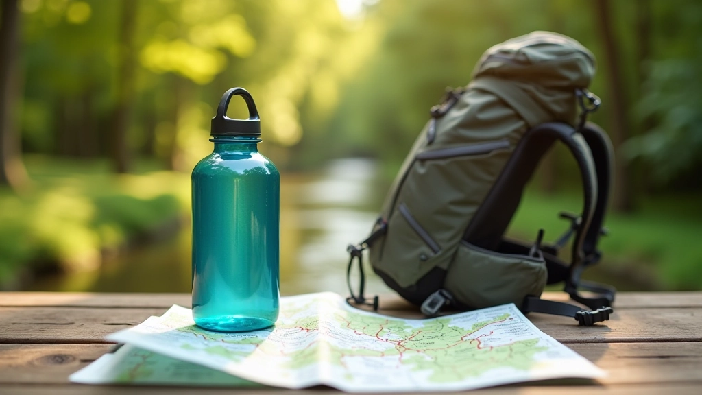 Water bottles and hiking pack on wooden table with hiking map nearby